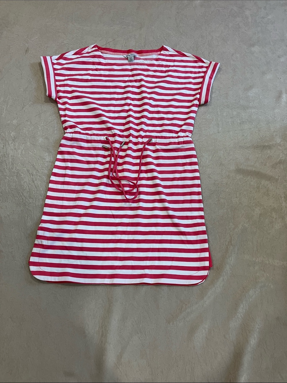 Tommy Bahama 
Pink and White Striped Drawstring Midi Dress